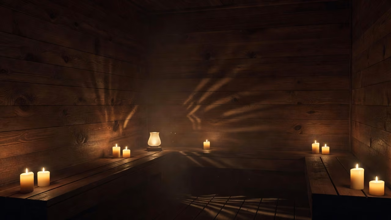 Warm candlelit sauna interior
