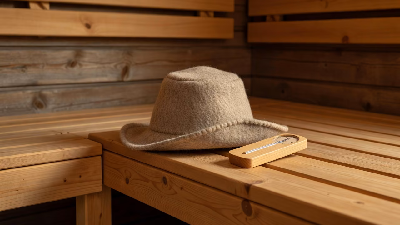 Felt sauna hat on a wooden sauna bench