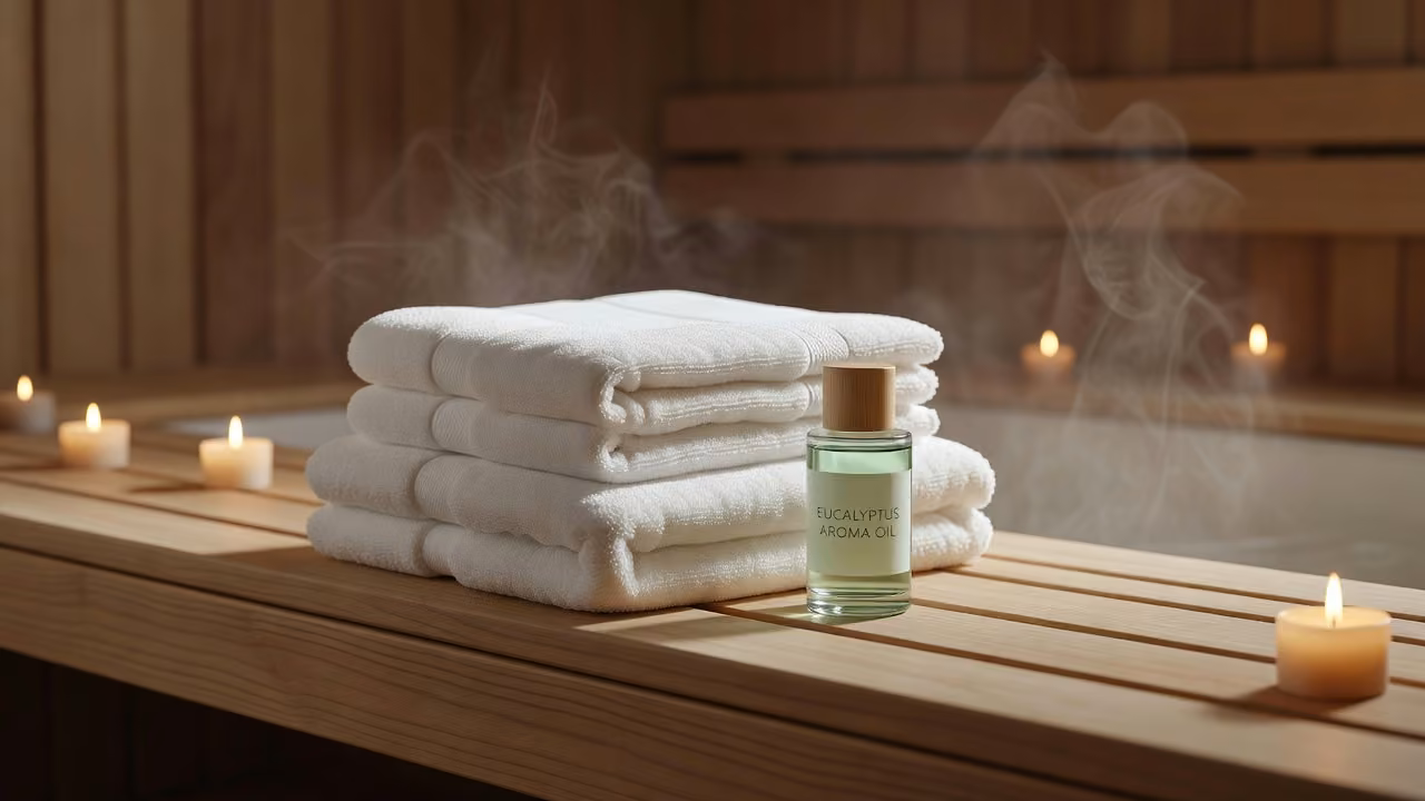 Folded towels and aroma oil on a sauna bench