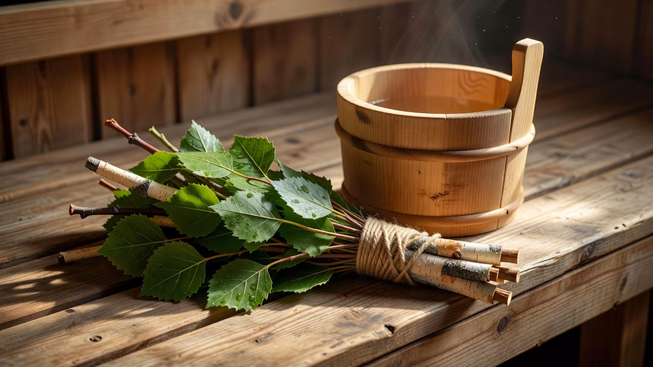 Fresh birch sauna whisk on a wooden bench